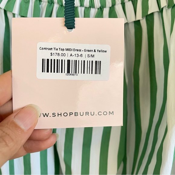 NWT Buru Contrast Striped Tie Shoulders Midi Dress Green & Yellow Size S/M - Picture 7 of 9